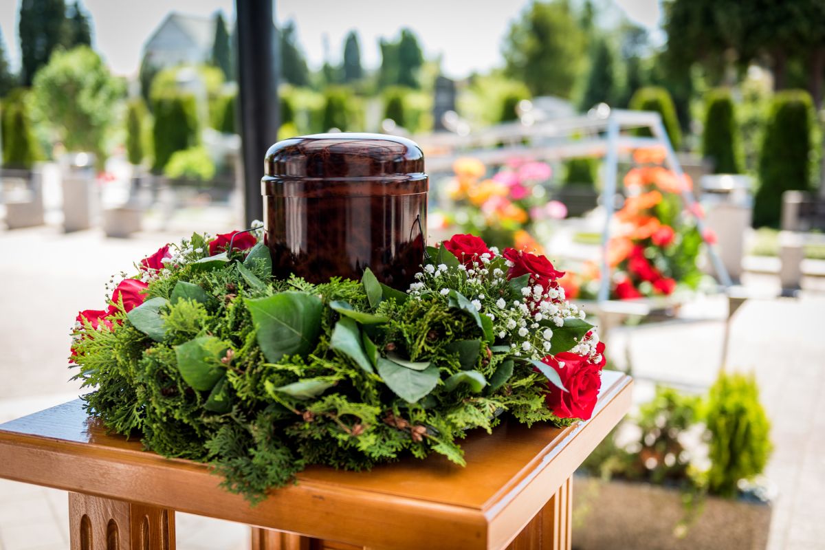 Celebration of life memorial table with flowers